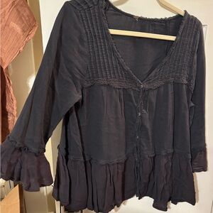 Free People Blue Pleated Bell Sleeve Blouse